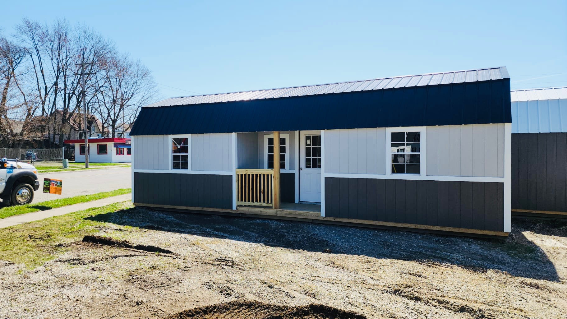 portable lofted barn bunkie cabin with center porch