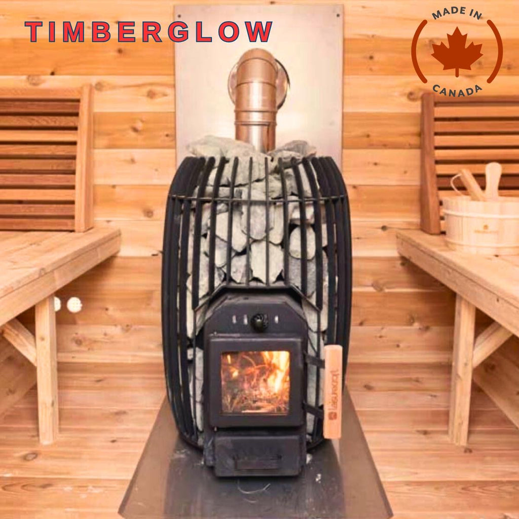 Wood-burning stove with TIMBERGLOW branding in a wooden sauna setting.