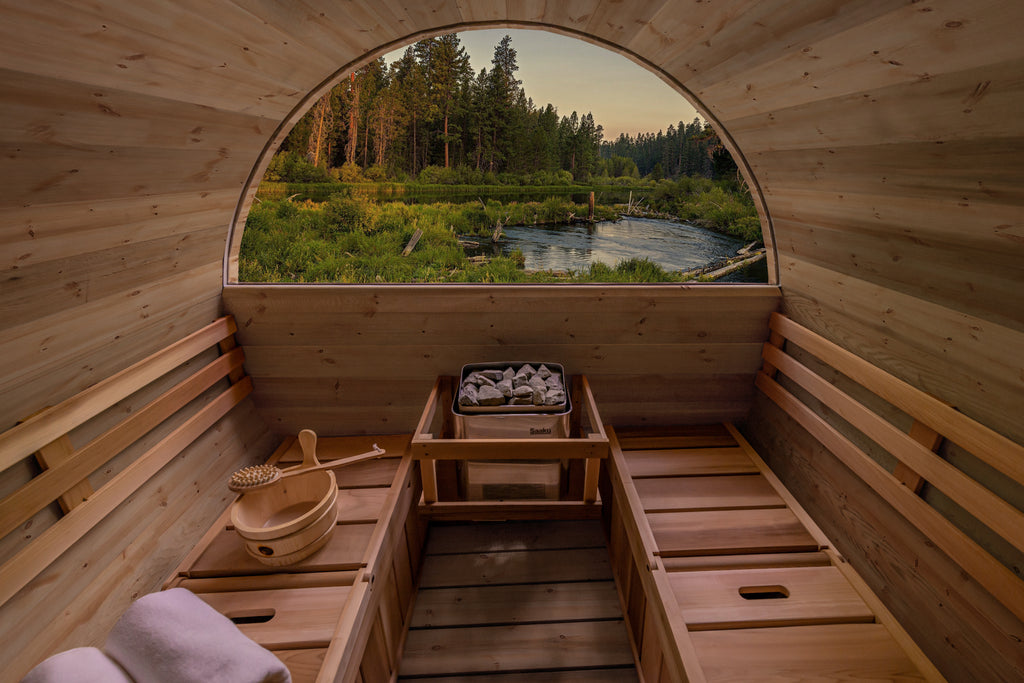 red cedar barrel sauna half moon window view 