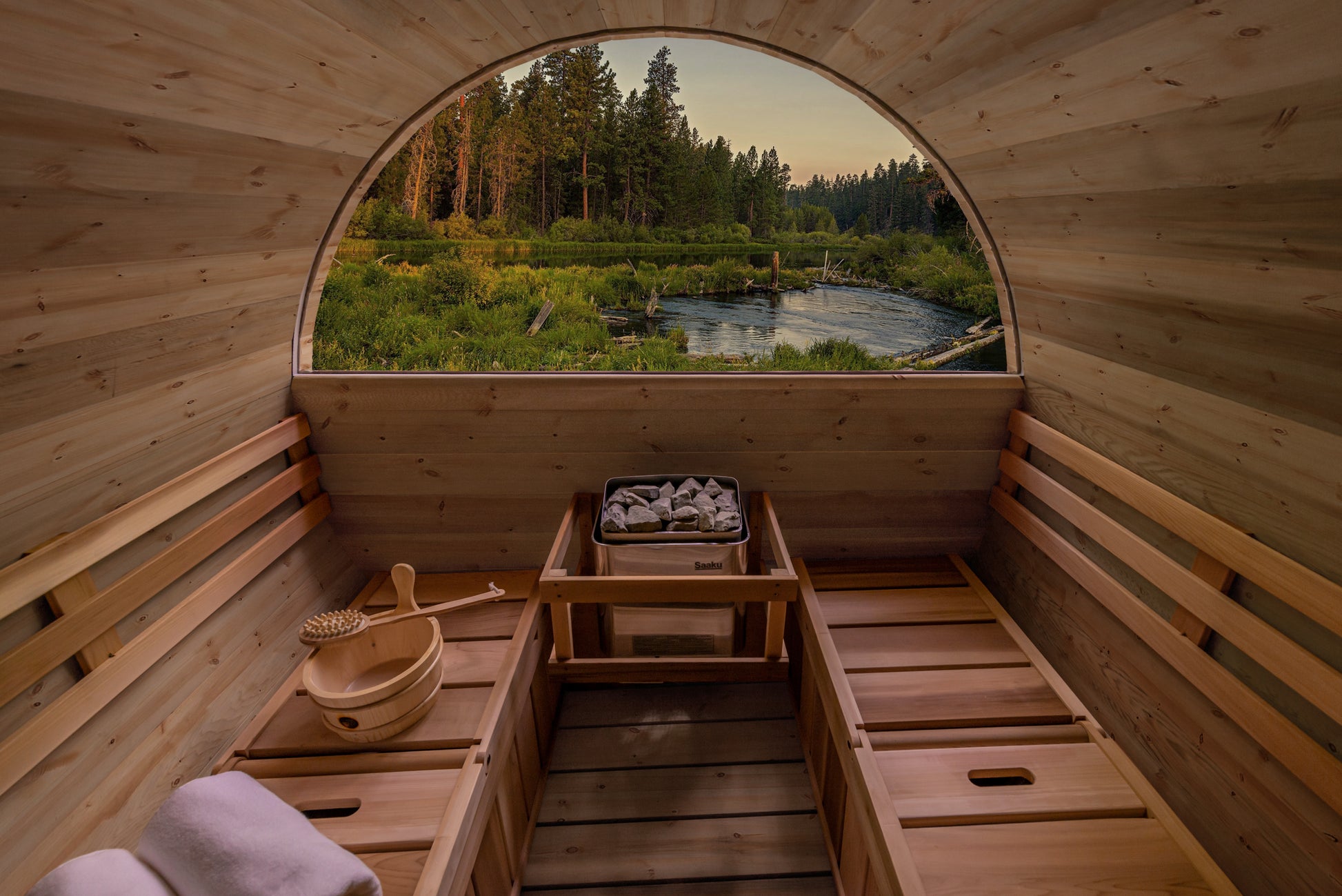 red cedar barrel sauna half moon window view 