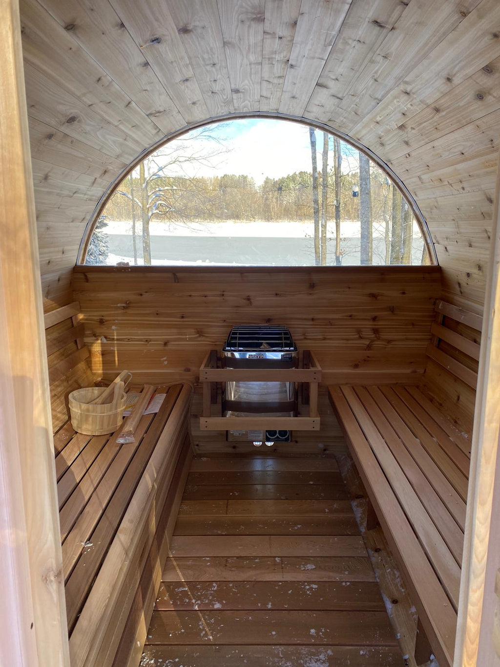 Knotty Red Cedar Half-Moon Barrel Sauna