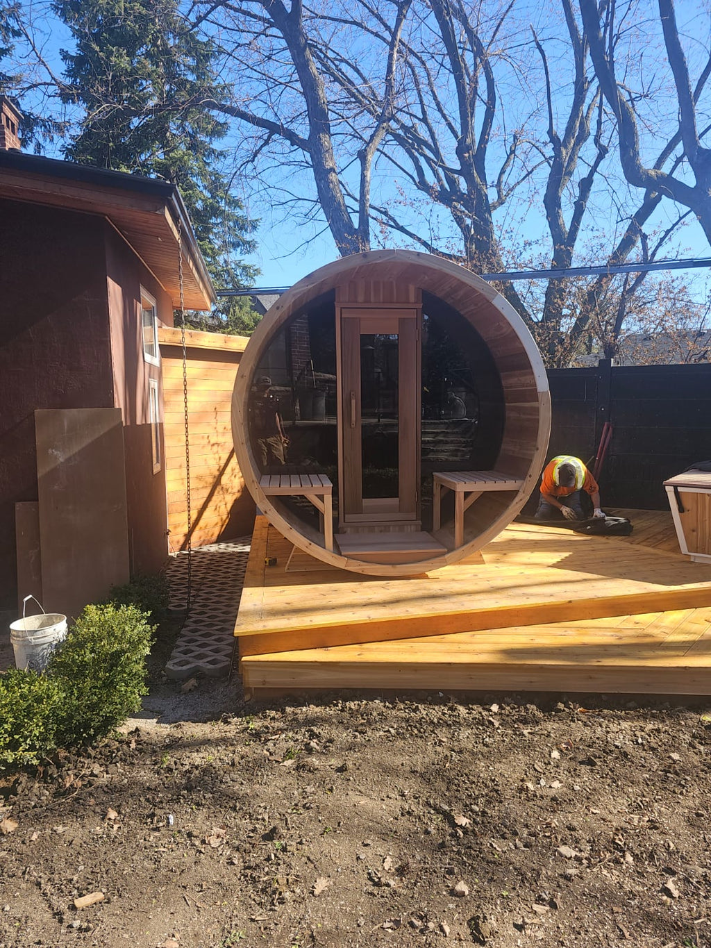Knotty Red Cedar Half-Moon Barrel Sauna