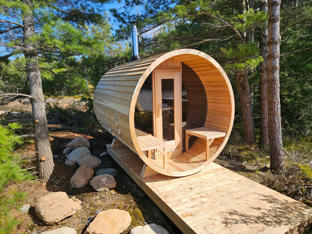 Knotty Red Cedar Half-Moon Barrel Sauna