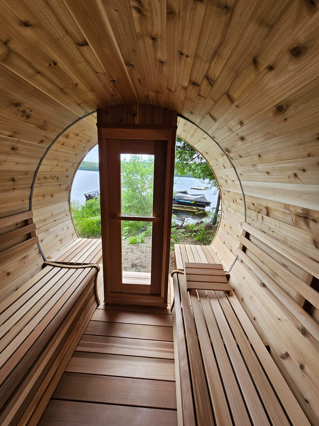 Knotty Red Cedar Half-Moon Barrel Sauna