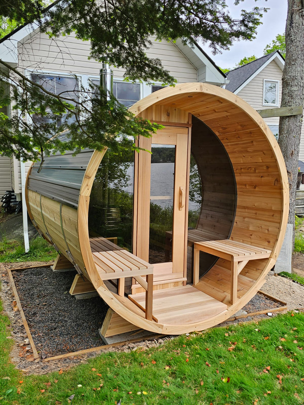 Knotty Red Cedar Half-Moon Barrel Sauna
