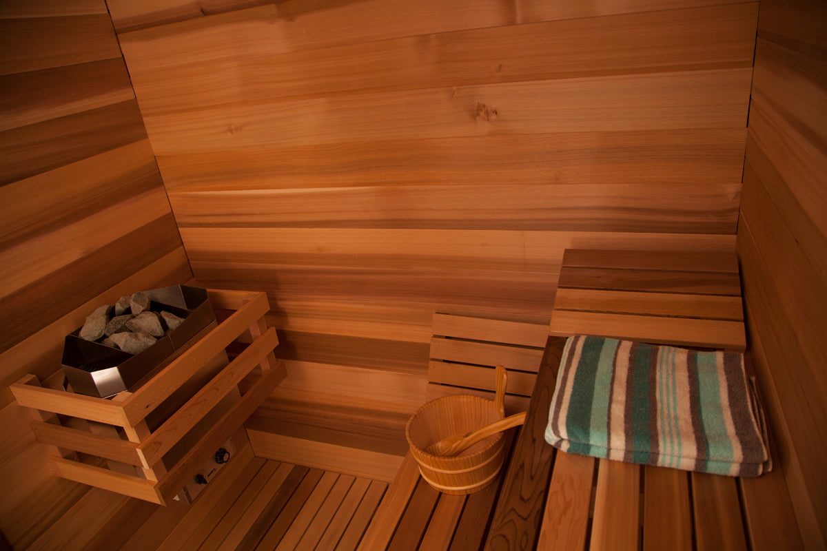 indoor red cedar cabin sauna interior electric