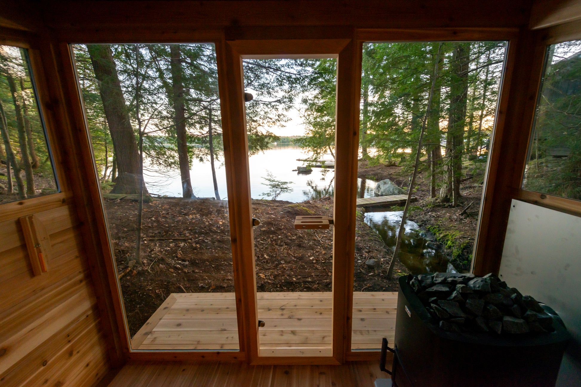 Mountain view sauna interior view