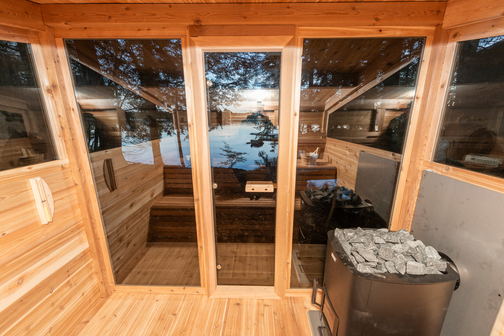 Mountain view sauna interior night