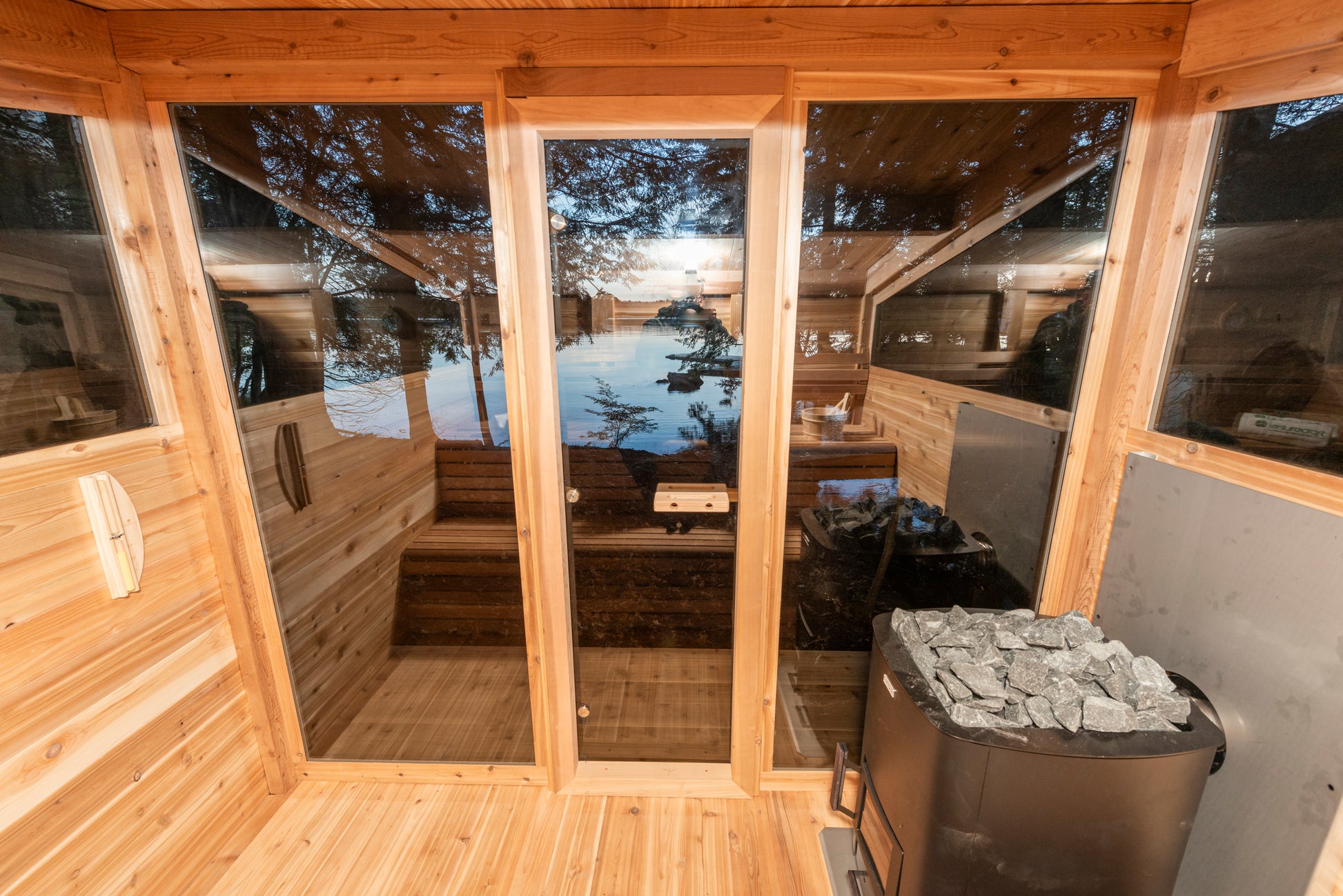Mountain view sauna interior night