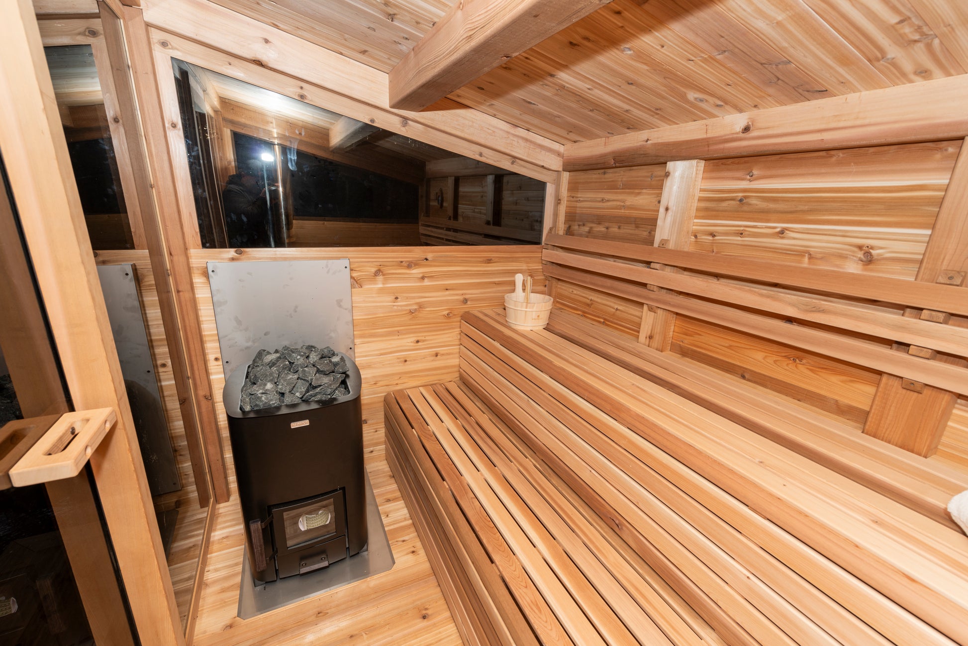 Mountain view sauna interior side