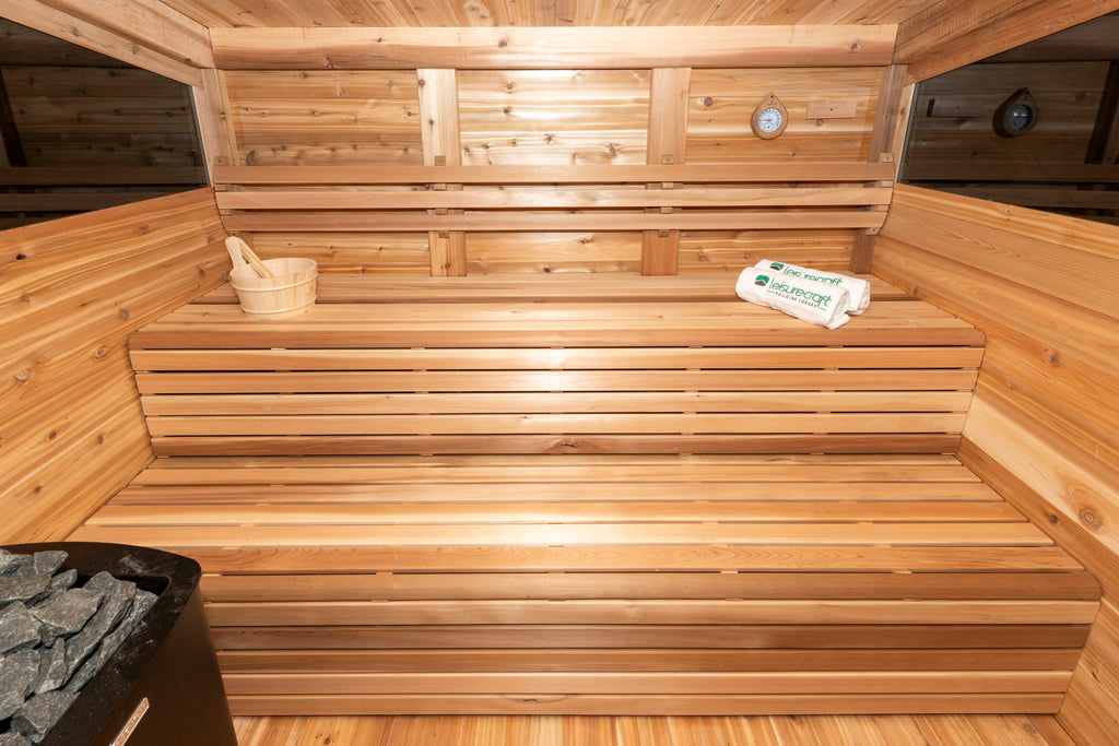 Mountain view sauna benches