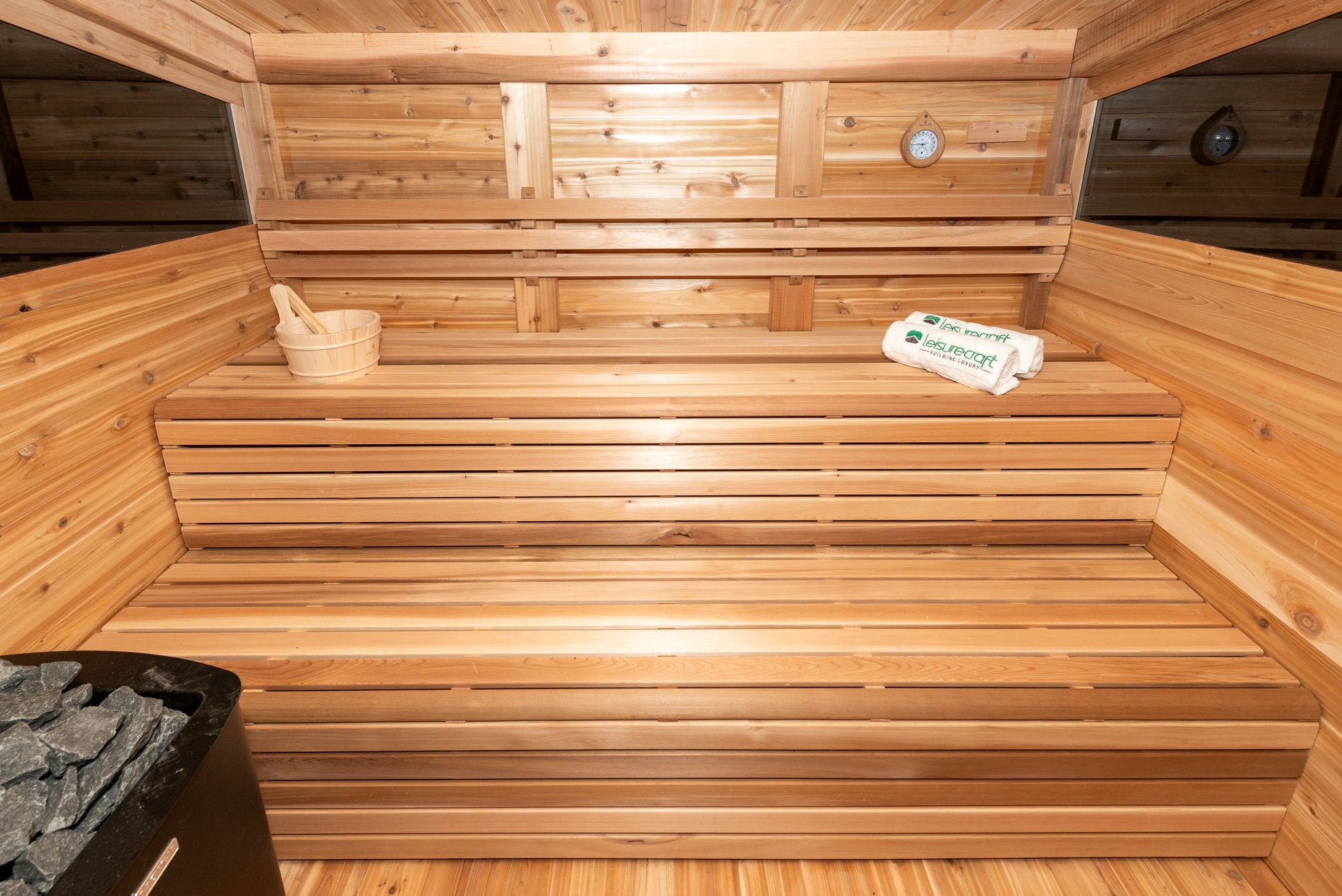 Mountain view sauna benches