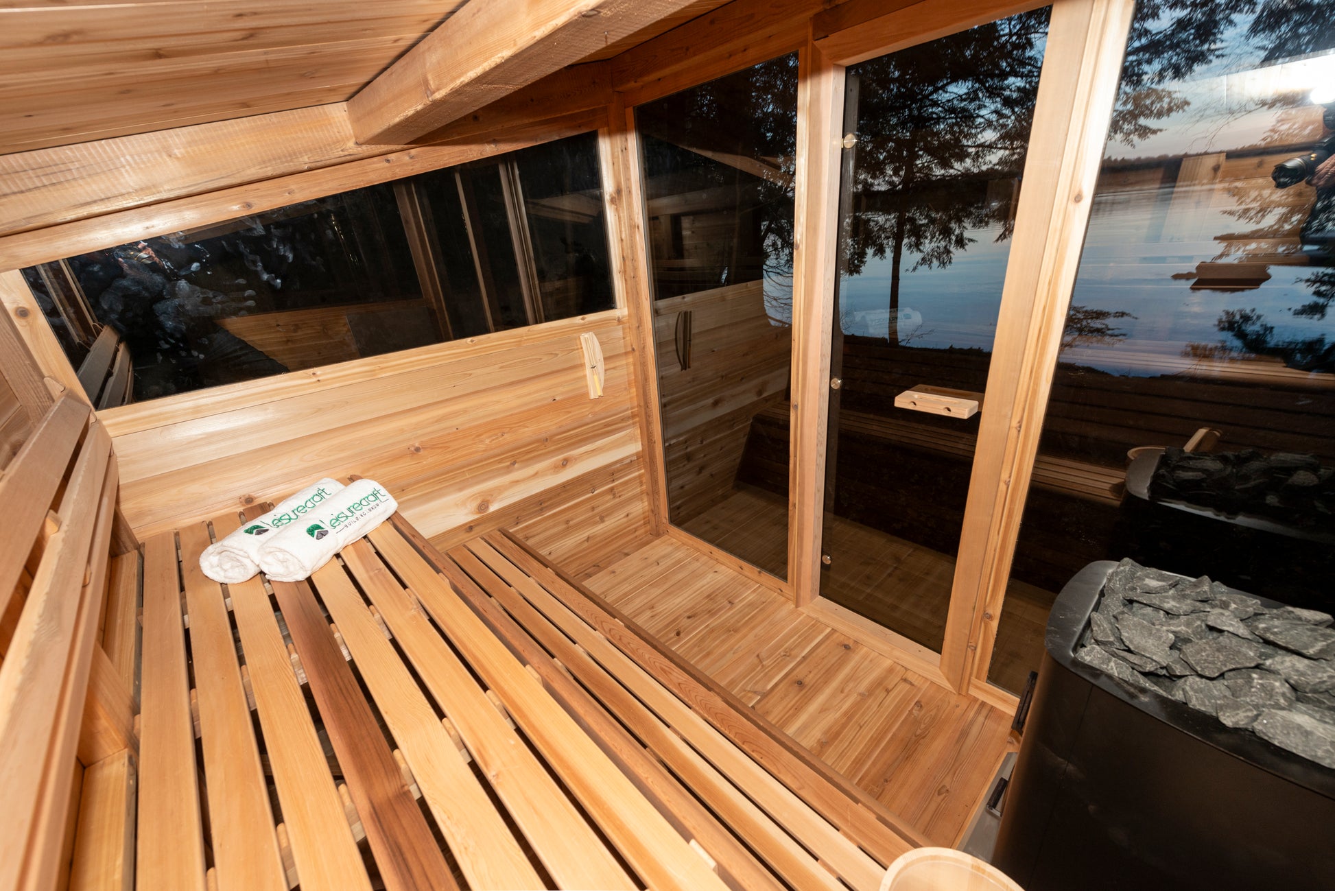 Mountain view sauna interior