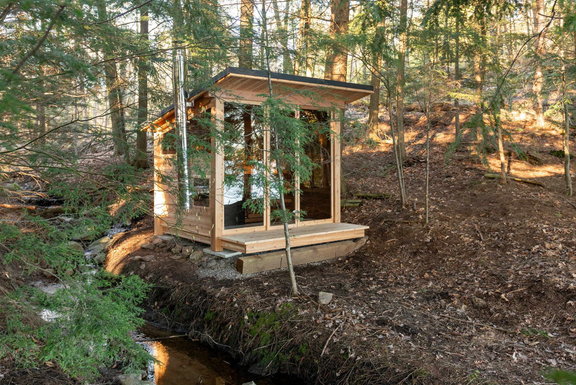 Mountain view sauna In woods 