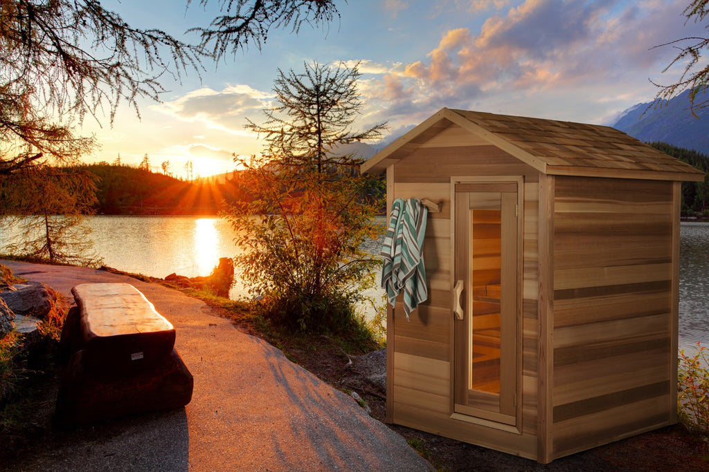 red cedar cabin sauna lake view