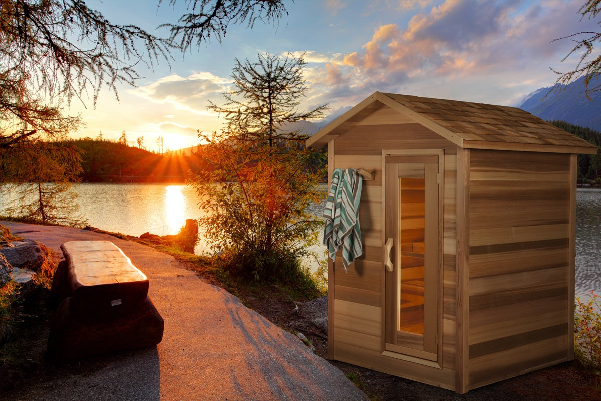 red cedar cabin sauna lake view