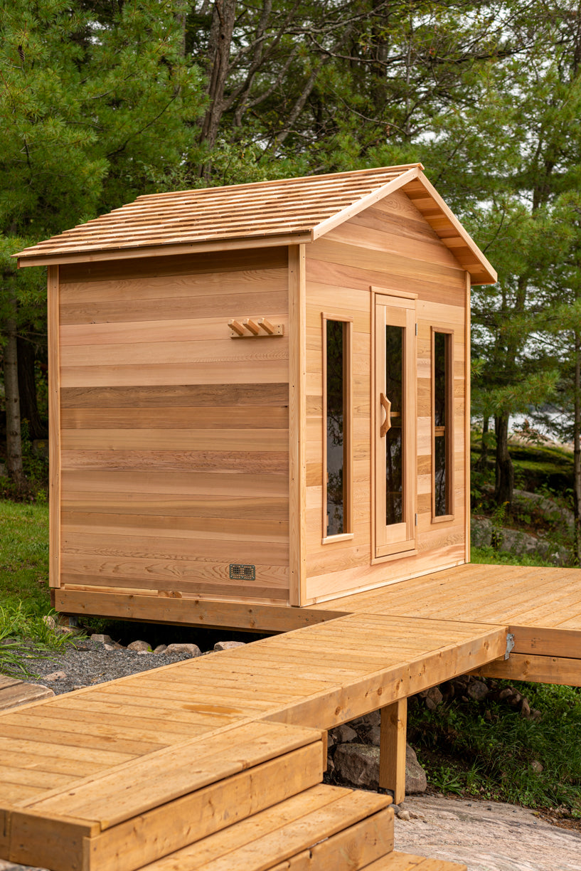 red cedar cabin sauna on deck