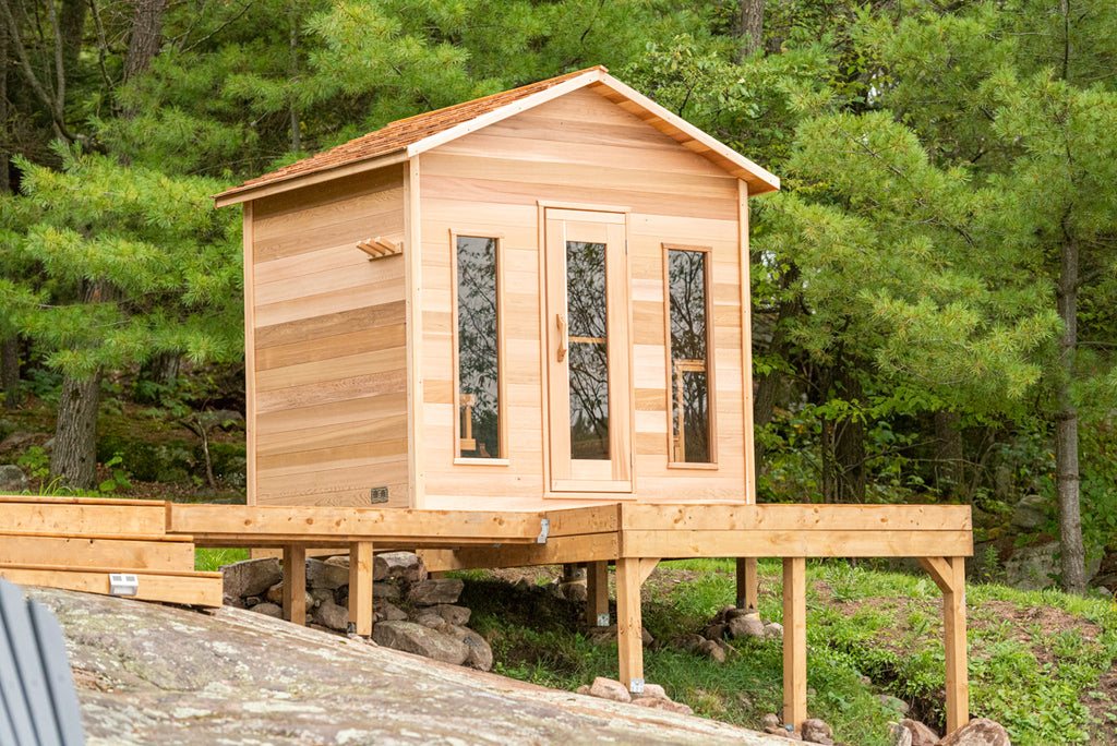 red cedar cabin sauna woods