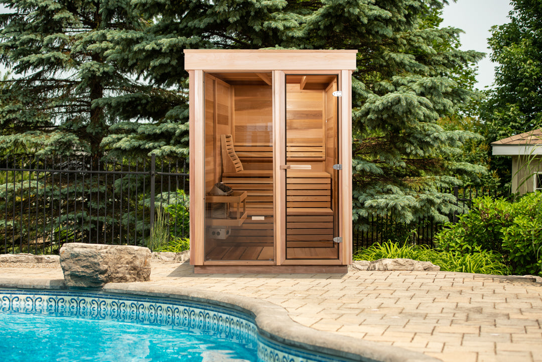 Pure cube 550 sauna glass poolside