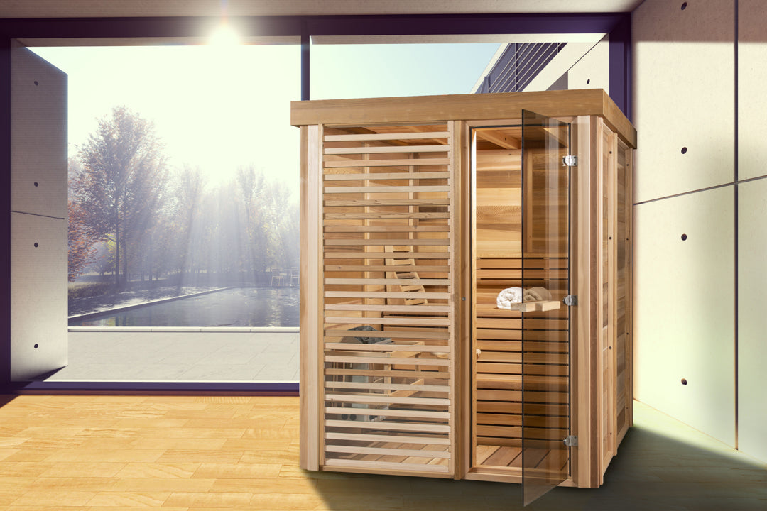 pure cube indoor 550 sauna with semi privacy glass