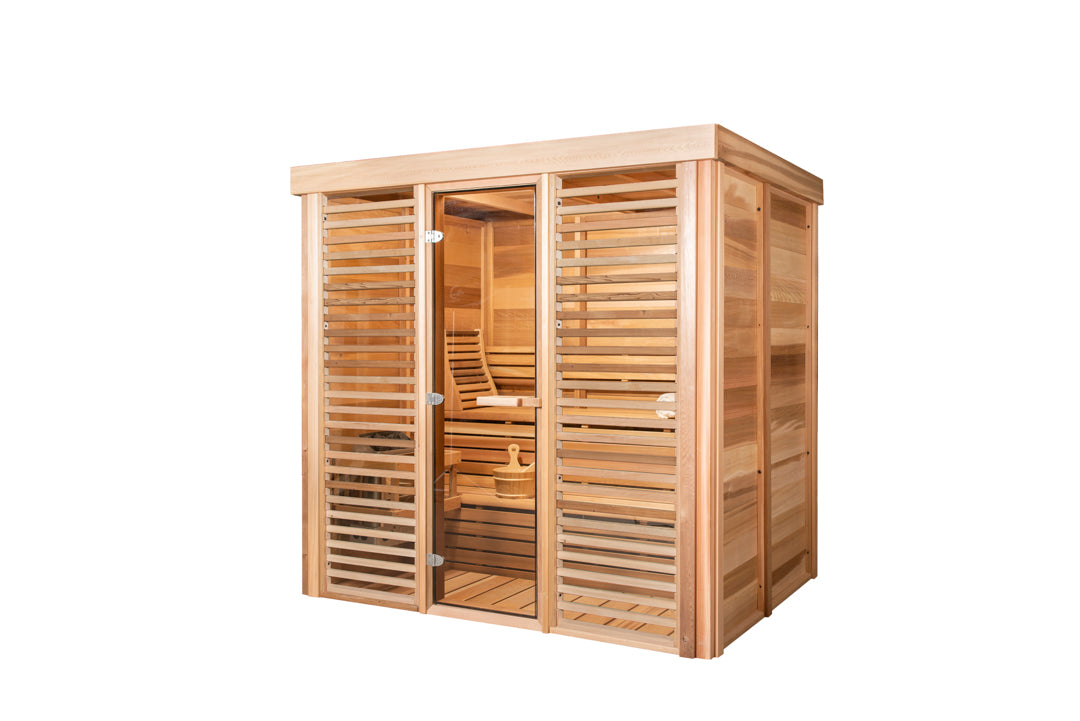 Wooden sauna with glass door on a white background