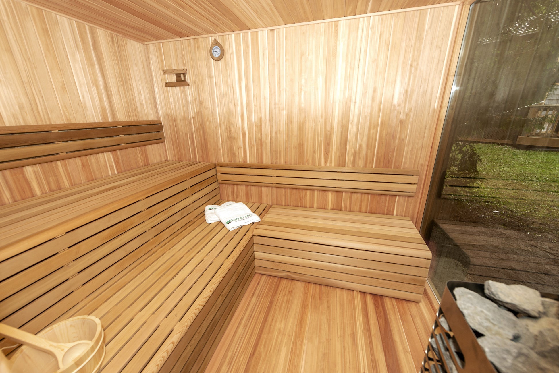Red cedar Sauna interior glass view