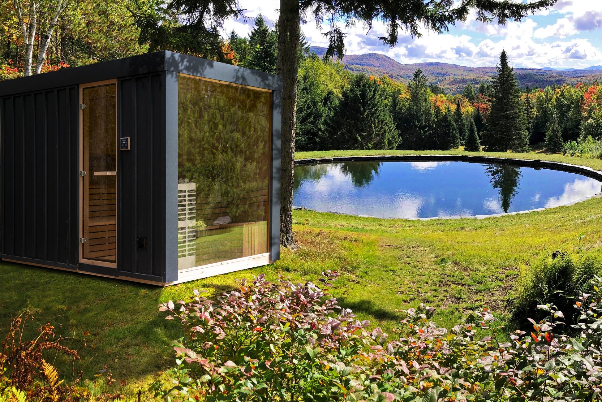 Modern Neptune Sauna with a pond and forest in the background