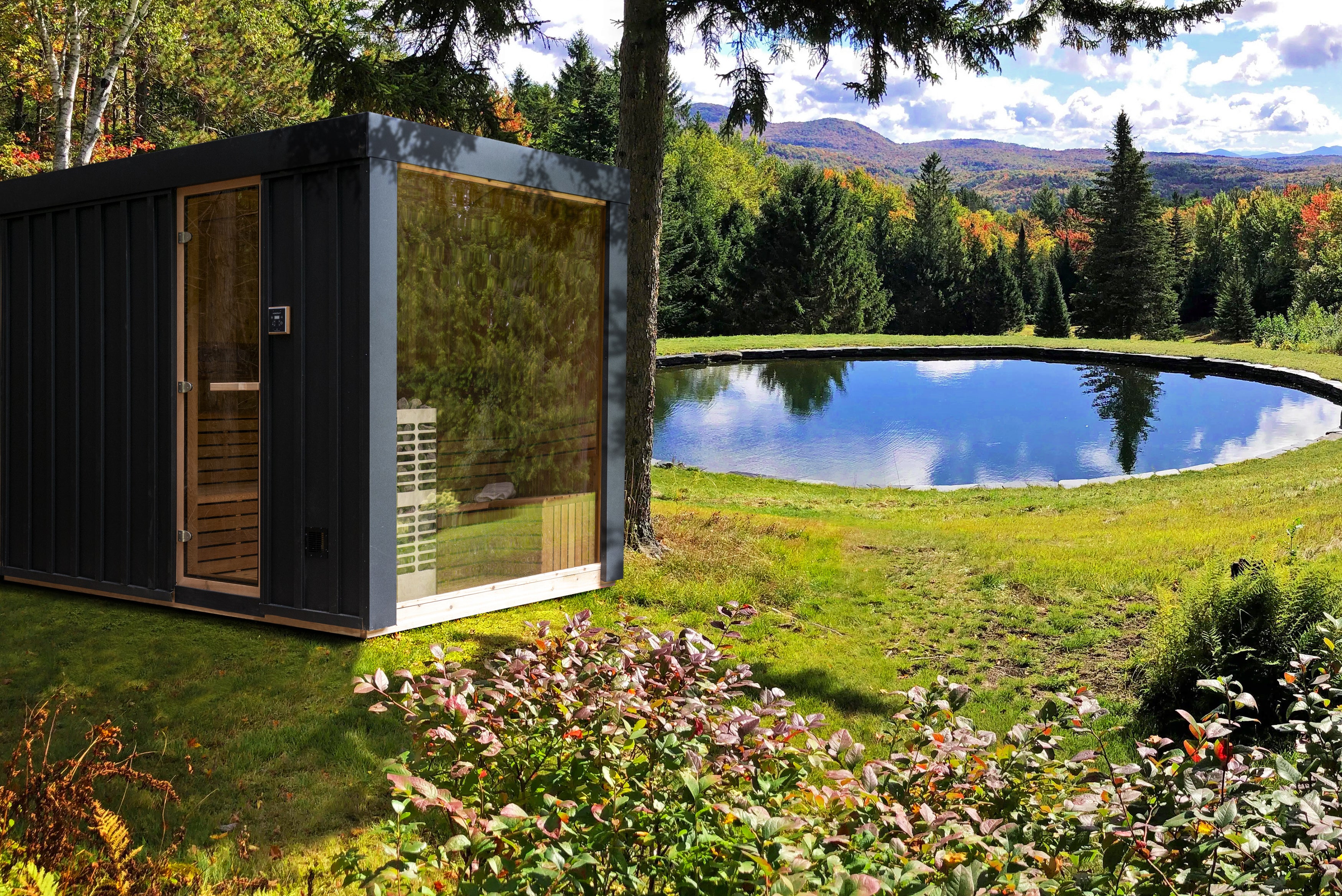 Modern Neptune Sauna with a pond and forest in the background